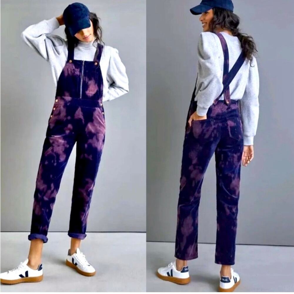 Anthropologie PILCRO Tie Dye Boho Chic Corduroy Overalls Purple Blue Black 26